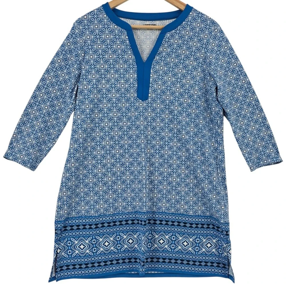 Lands' End‎ Womens M Blue White Printed Swim Dress Tunic Cover Up